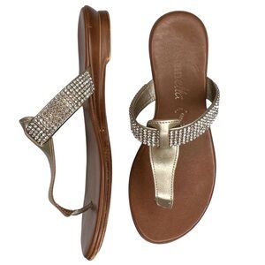 Toscanella Sandals Italian Made Rhinestone Sparkly Slip On Thong Brown Gold 6